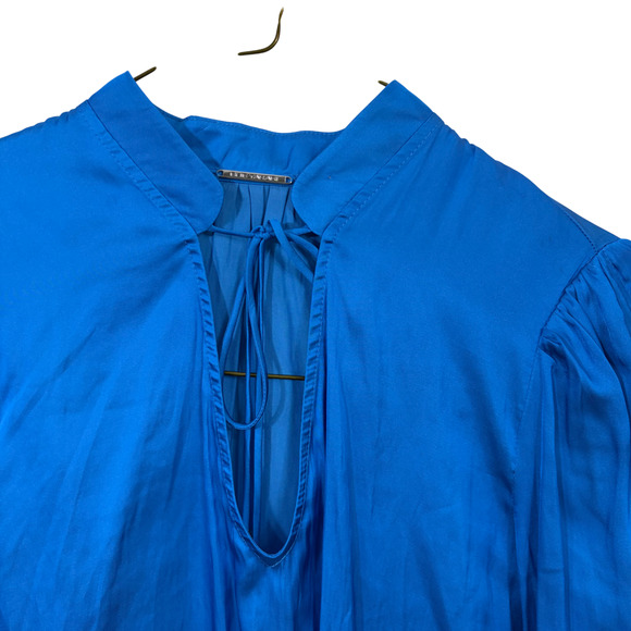 Tahari Blue Satin Blouse Sz XS Blue Ivy Puff Sleeve Ruched Romantic Coquette - Picture 2 of 7